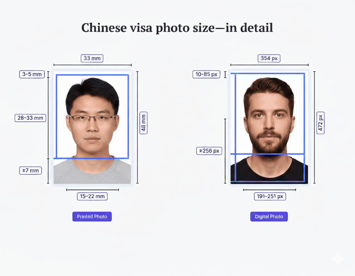 48x33 mm China visa photo size example with correct dimensions and background